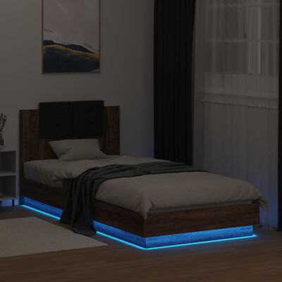 vidaXL Sängynrunko päädyllä ja LED-valoilla ruskea tammi 90x200 cm