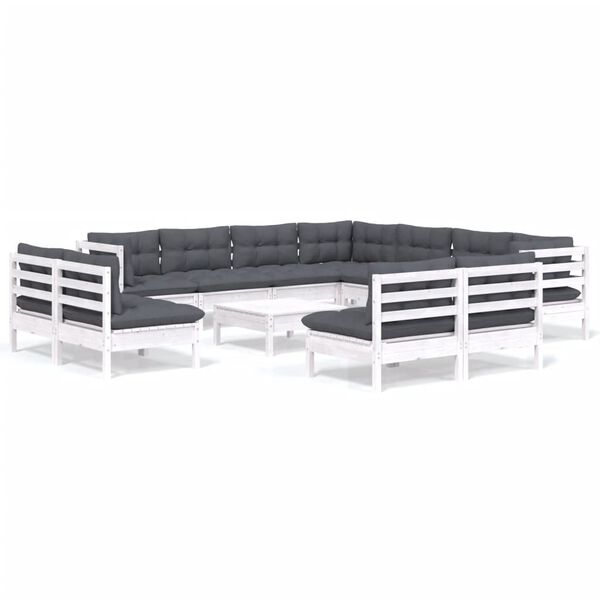 vidaXL 12-osainen Puutarhasohvasarja tyynyillä valkoinen täysi mänty