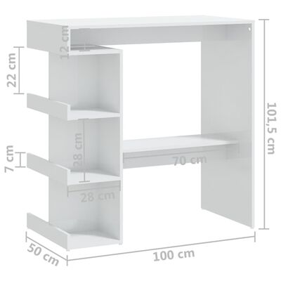vidaXL Baaripöytä säilytystelineellä korkeakiilt.valk. 100x50x101,5cm