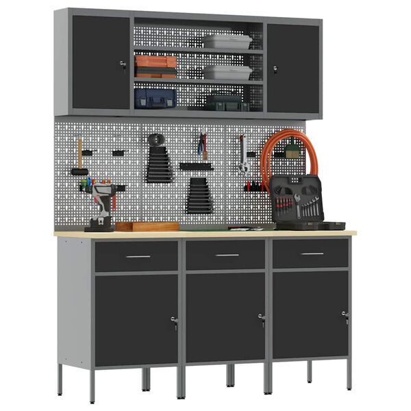 vidaXL Ty&ouml;p&ouml;yt&auml;kaappi hyllyll&auml; 7 pcs Musta Kehitetty puu ja ter&auml;s