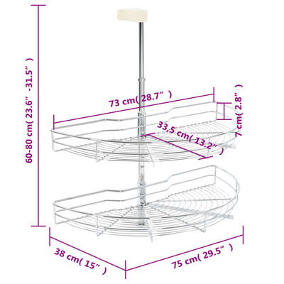vidaXL 2-kerroksinen keittiön ritilähylly hopea 180° 75x38x80 cm