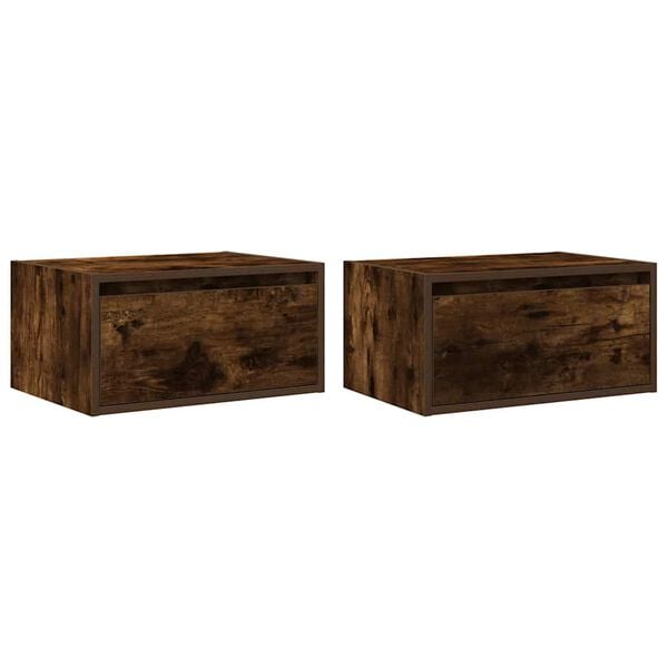 vidaXL Seinäkiinnitettävät yöpöydät LED-valoilla 2 kpl savutammi