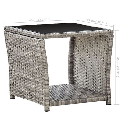 vidaXL Sohvapöytä harmaa 45x45x40 cm polyrottinki ja lasi