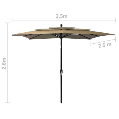 vidaXL 3-tasoinen aurinkovarjo alumiinitanko harmaanruskea 2,5x2,5 m