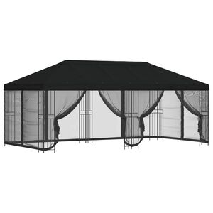 vidaXL Paviljonki sivuseinill&auml; 6 x 3 m Musta Polyesteri ja ter&auml;s 190