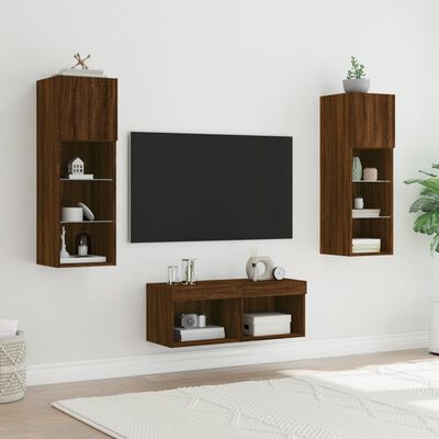 vidaXL 4-osainen TV-seinäkaappisarja LED-valoilla ruskea tammi