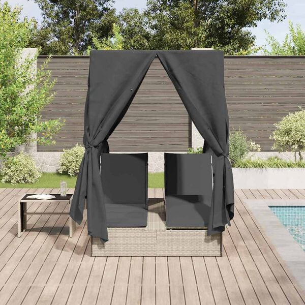 vidaXL Kaksiosainen aurinkotuoli katolla verhoilla Vaaleanharmaa