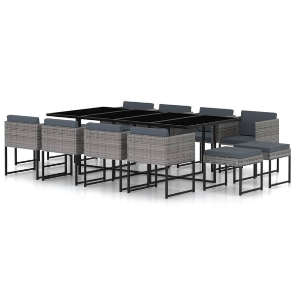 vidaXL 13-osainen Ulkoruokailuryhm&auml; tyynyill&auml; polyrottinki harmaa