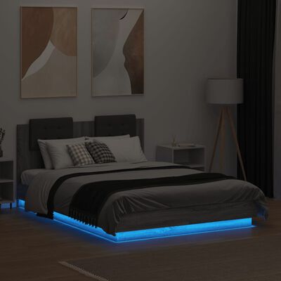 vidaXL Sängynrunko päädyllä ja LED-valoilla harmaa Sonoma 140x190 cm