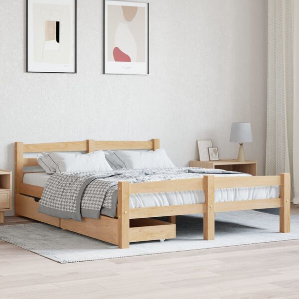 vidaXL Sängynrunko 2 vetolaatikolla täysi mänty 140x200 cm