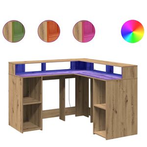 vidaXL Ty&ouml;p&ouml;yt&auml; LED-valoilla artesaani tammi 130x130x91cm tekninen puu