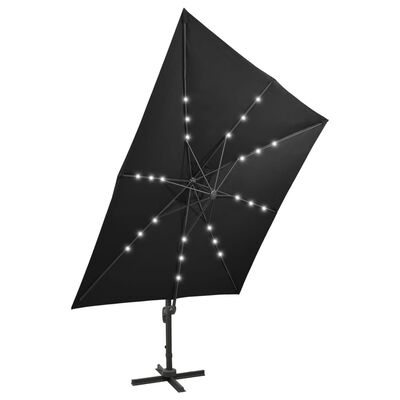 vidaXL Riippuva aurinkovarjo tangolla ja LED-valoilla musta 300 cm