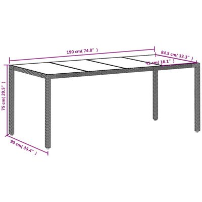 vidaXL Puutarhapöytä lasipöytälevy v.harmaa 190x90x75 cm polyrottinki