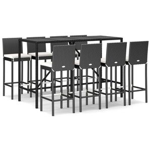 vidaXL 9-osainen Ulkobaarisarja tyynyill&auml; musta polyrottinki