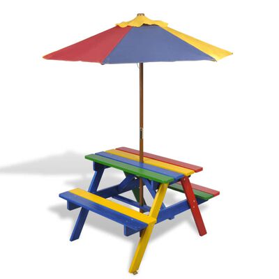vidaXL Lasten piknikpöytä penkeillä ja aurinkovarjolla monivärinen puu