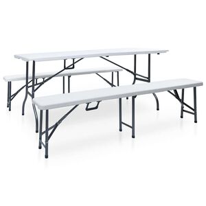 vidaXL Kokoontaittuva Ulkop&ouml;yt&auml; 2 penkki&auml; 180cm ter&auml;s & HDPE valkoinen