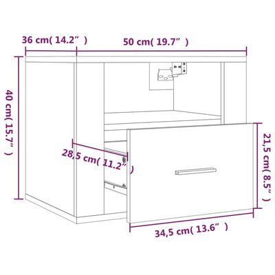 vidaXL Seinäkiinnitettävä yöpöytä Sonoma-tammi 50x36x40 cm