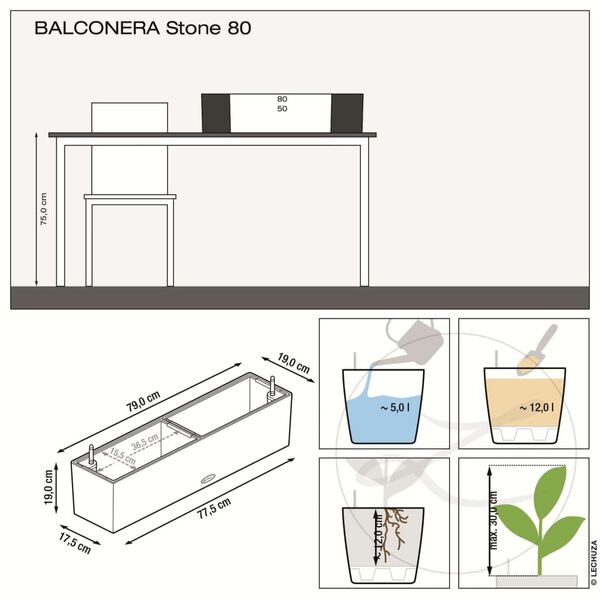 LECHUZA Kukkalaatikko BALCONERA Stone 80 ALL-IN-ONE musta