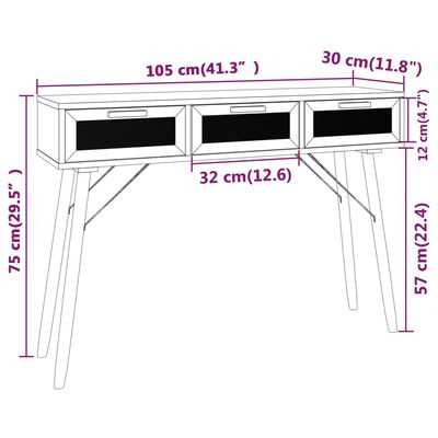 vidaXL Konsolipöytä valkoinen 105x30x75 cm täysi mänty ja rottinki