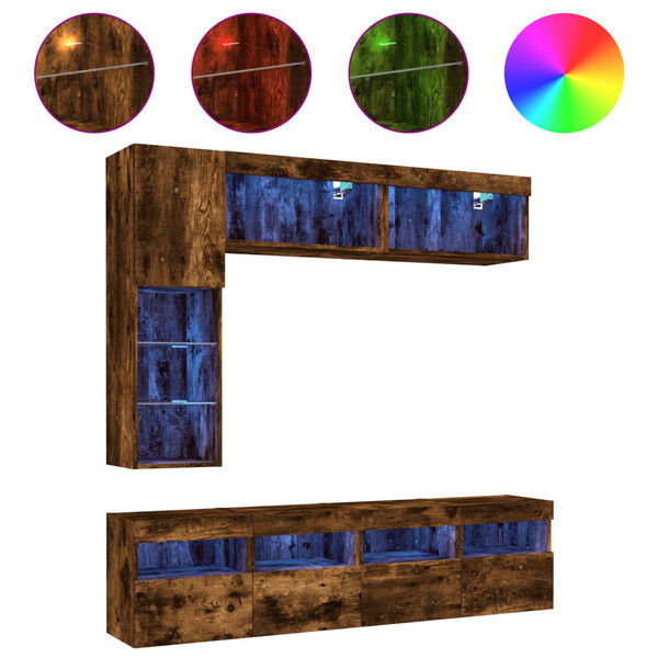 vidaXL 7-osainen TV-sein&auml;kaappisarja LED-valoilla savutammi