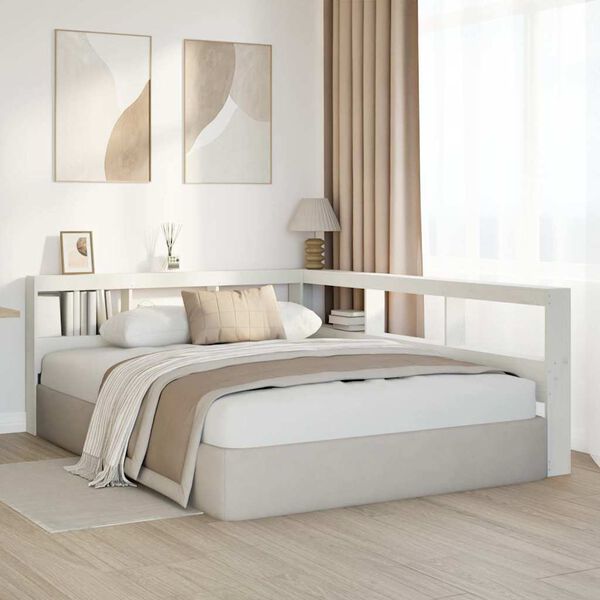 vidaXL Kirjahyllyn p&auml;&auml;ty L-muotoinen valkoinen 150 cm massiivipuum&auml;nty