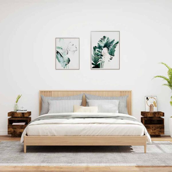 vidaXL Yöpöytä LED-valoilla 2 kpl savutammi 40x39x48,5 cm