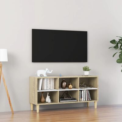 vidaXL TV-taso täyspuiset jalat valkoinen/Sonoma-tammi 103,5x30x50 cm