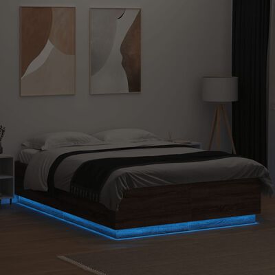 vidaXL Sängynrunko LED-valoilla ruskea tammi 120x200 cm tekninen puu