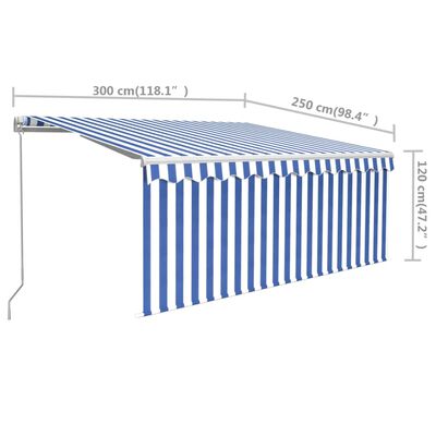 vidaXL Manuaalisesti kelattava markiisi verhoilla 3x2,5m sinivalkoinen