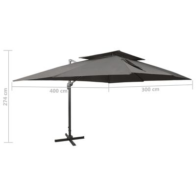 vidaXL Riippuva aurinkovarjo tuplakatolla antrasiitti 400x300 cm