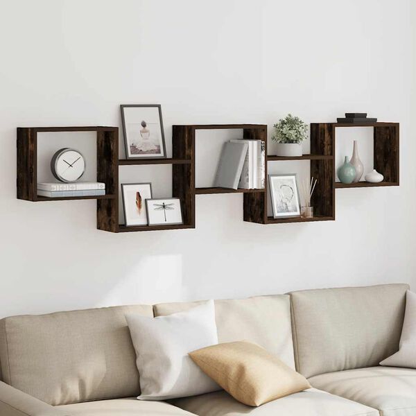 vidaXL-seinäkuutiohylly, 5 lokeroa savustettua tammipuuta