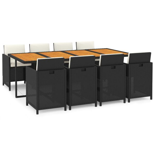 vidaXL 9-osainen Puutarharuokailuryhm&auml; tyynyill&auml; polyrottinki musta