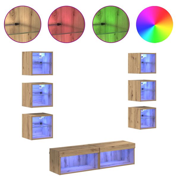 vidaXL TV-kaappi LED -nauhavalot 8 pcs Artisan tammi Lasi