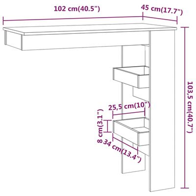 vidaXL Seinäkiinnitettävä baaripöytä rusk. 102x45x103,5cm tekninen puu