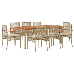 vidaXL 9-osainen Ulkoruokailuryhm&auml; tyynyill&auml; beige polyrottinki