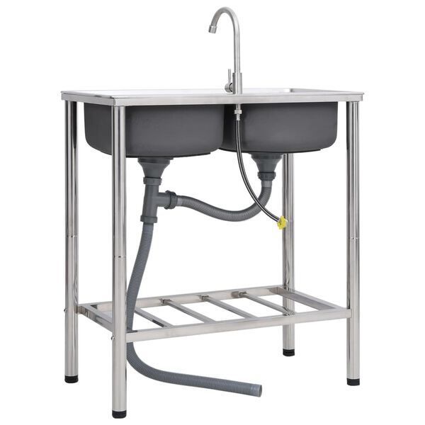 vidaXL Leirintäalueen kaksoispesuallas hanalla ruostumaton teräs