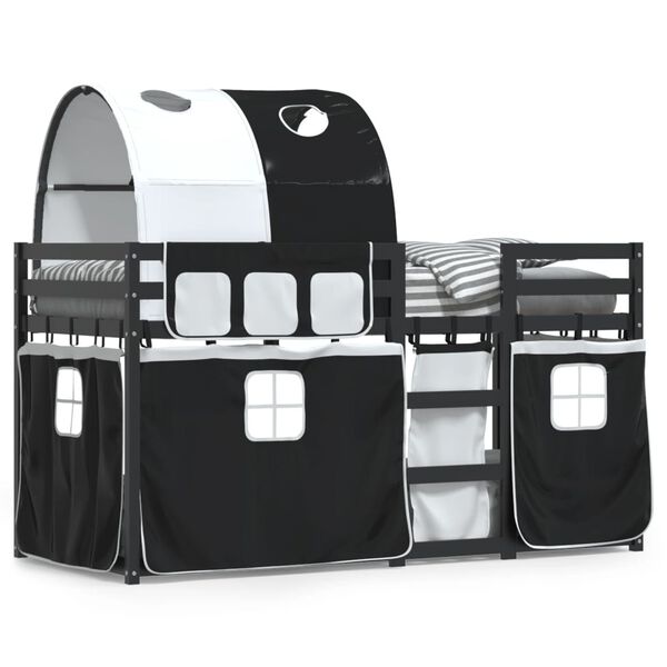 vidaXL Parvisänky verhoilla mustavalkoinen 90x200 cm täysi mänty