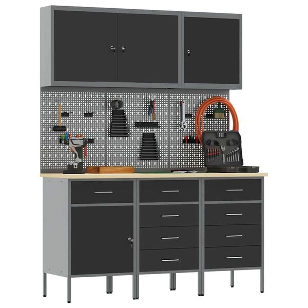 vidaXL Ty&ouml;p&ouml;yt&auml; laatikon kanssa 8 pcs Musta 150 x 55 x 200 cm Ter&auml;s