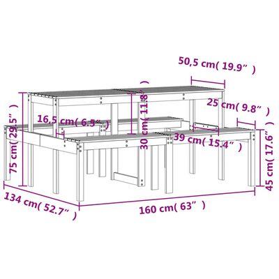 vidaXL Piknikpöytä 160x134x75 cm täysi mänty