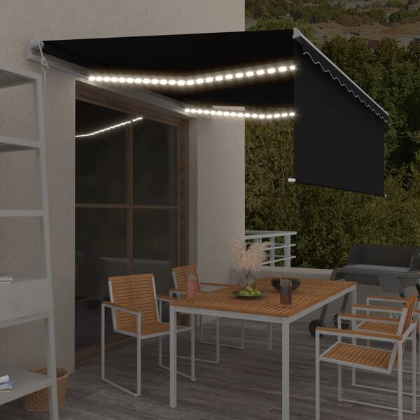 vidaXL Sis&auml;&auml;nkelattava markiisi verho/LED/tuulisens 4x3 m antrasiitti