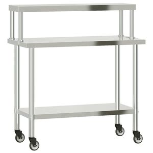 vidaXL Keitti&ouml;n ty&ouml;p&ouml;yt&auml; yl&auml;hyllyll&auml; 110x55x120 cm ruostumaton ter&auml;s