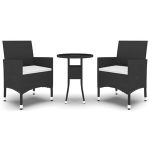 vidaXL 3-osainen Bistrosarja polyrottinki ja karkaistu lasi musta