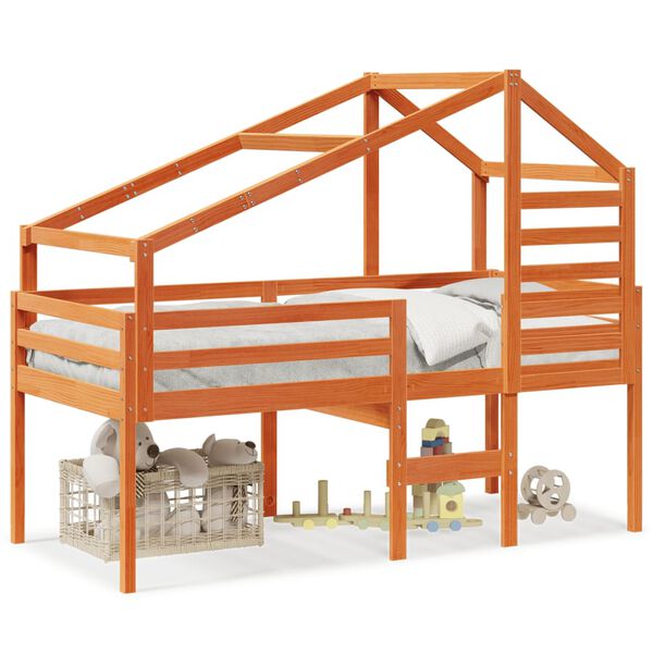 vidaXL Korotettu sänky katolla vahanruskea 90x190 cm täysi mänty