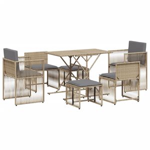 vidaXL 7-osainen Ulkoruokailuryhm&auml; tyynyill&auml; beige polyrottinki