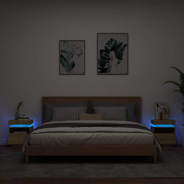 vidaXL Yöpöytä LED-valoilla 2 kpl Sonoma-tammi 40x39x48,5 cm