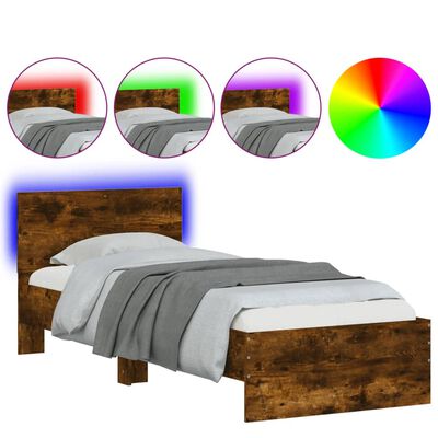 vidaXL Sängynrunko päädyllä ja LED-valoilla savutammi 75x190 cm