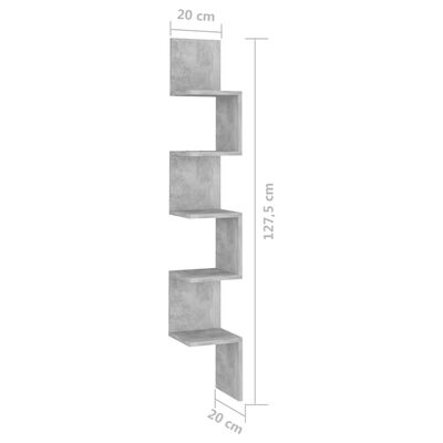 vidaXL Seinäkulmahylly betoninharmaa 20x20x127,5 cm lastulevy