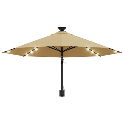 vidaXL Seinäkiinnitteinen aurinkovarjo LED ja tolppa 300cm harmaanrusk