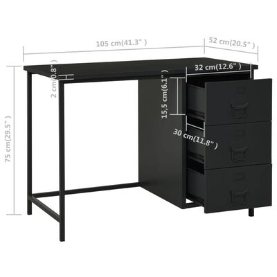 vidaXL Teollinen työpöytä laatikoilla musta 105x52x75 cm teräs