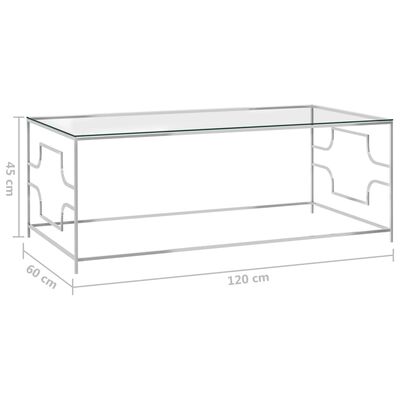 vidaXL Sohvapöytä hopea 120x60x45 cm ruostumaton teräs ja lasi
